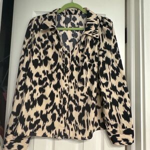 Leopard Print Button-Down Blouse in Black and Cream